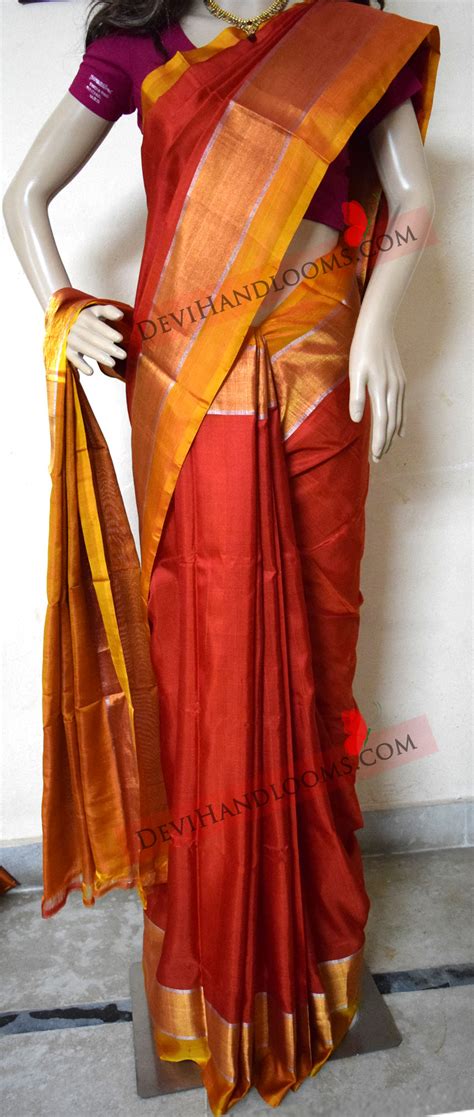 Uppada Red With Mustard Yellow Plain Silk Saree Devi Handlooms