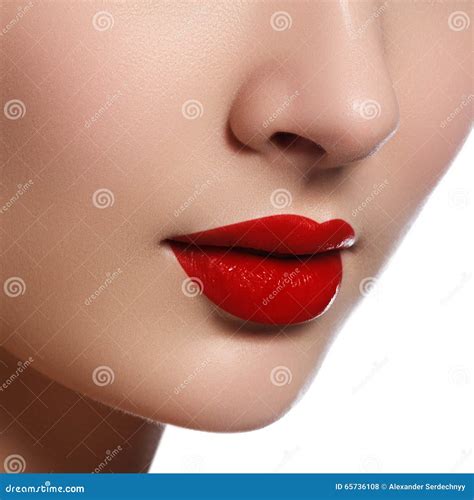 Close Up Shot Of Woman Lips With Glossy Red Lipstick Glamour Red Lips