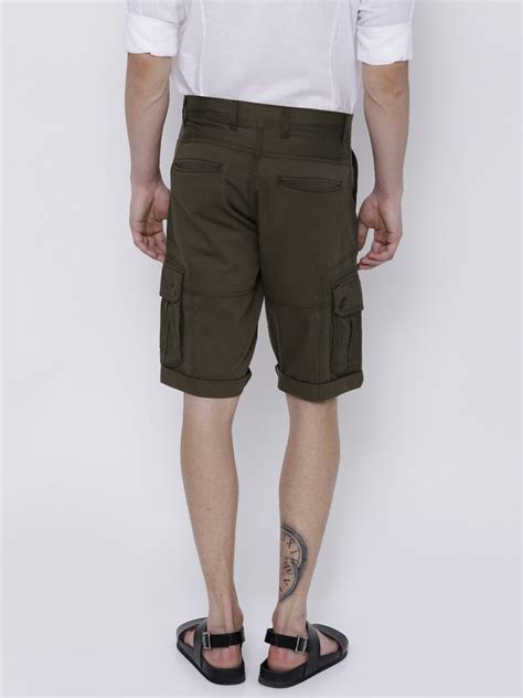 Buy Locomotive Locomotive Olive Green Solid Slim Fit Cargo Shorts For