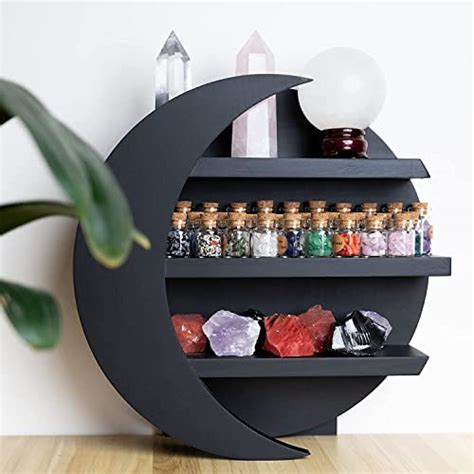 MELOVET Wooden Black Moon Shelf For Crystals Crescent Moon Boho