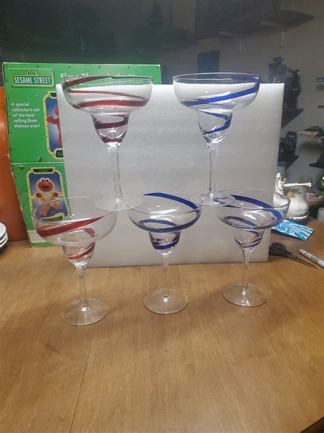 Pier Blue Red Line Swirl Swirline Hand Blown Margarita Glasses Euc