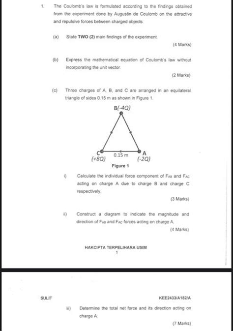 Solved 1. The Coulomb's law is formulated according to the | Chegg.com