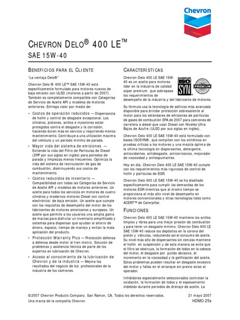 Delo 400 Le Sae 15w40 Pdf Aceite De Motor Lubricante