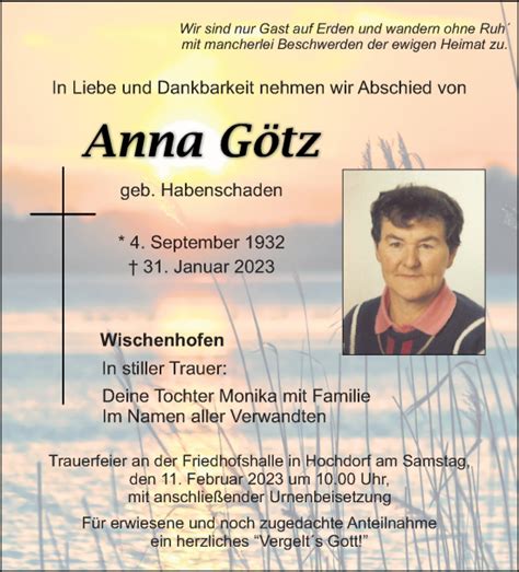 Traueranzeigen Von Anna G Tz Mittelbayerische Trauer