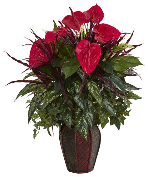 Nearly Natural Mixed Anthurium Artificial Plant In Decorative Planter