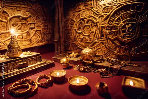 ภาพประกอบสต็อก Gold Treasure Of Maya Or Aztec Gold Jewelry Precious