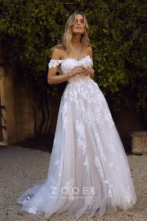 Νυφικό Ρομαντικό Λευκό Φλοράλ Δαντέλα Τούλι Nude Lining Νυφικό ZOOEK