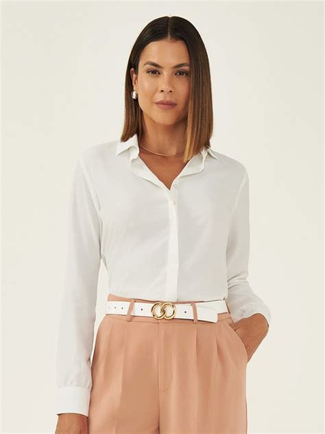 Camisa Social Feminina Off White Botão Dourado Helena