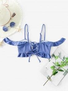 44 OFF 2020 ZAFUL Ribbed Cinched Ruffled Lace Up Bikini Top In BLUE ZAFUL
