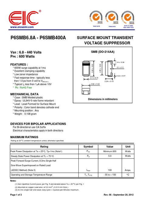 P Smb A Datasheet Surface Mount Transient Voltage Suppressor