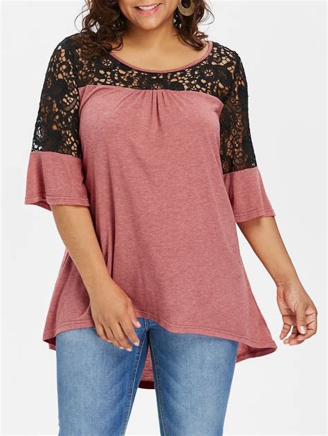 2018 Plus Size Lace Trim High Low Hem T Shirt In Pink Daisy 5x