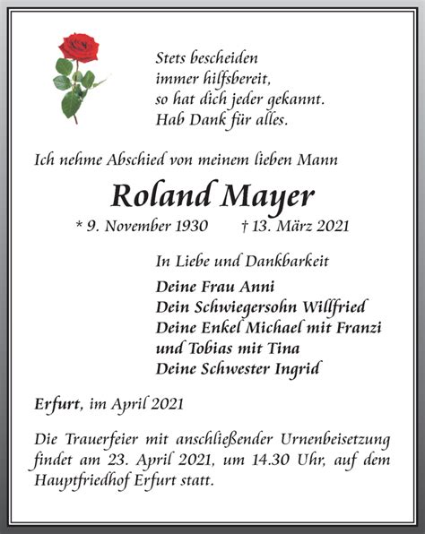 Traueranzeigen Von Roland Mayer Trauer In Thueringen De