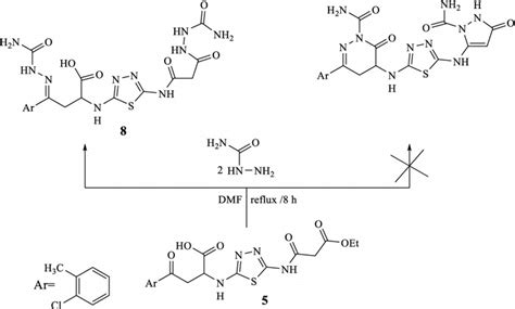 Reaction of compound 5 with semicarbazide to afford the open adduct 8 ...