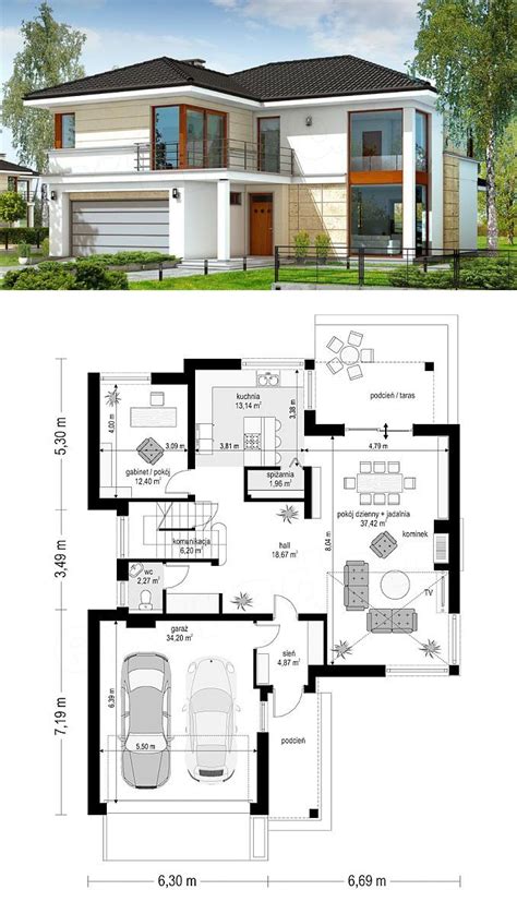 Two Story House Plan With Garage And Living Room