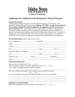 Fillable Online Isu Application For Admission To The Respiratory