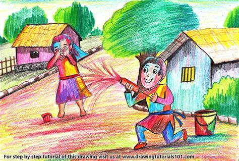 How to Draw a Holi Scene (Holi) Step by Step | DrawingTutorials101.com