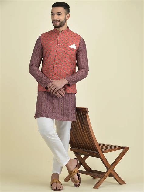 Deyann Pure Cotton Printed Nehru Jacket With Kurta Pyjama Set For Men