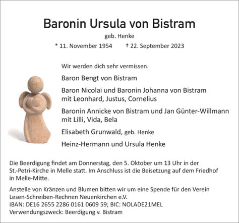 Traueranzeigen Von Baronin Ursula Von Bistram Noz Trauerportal