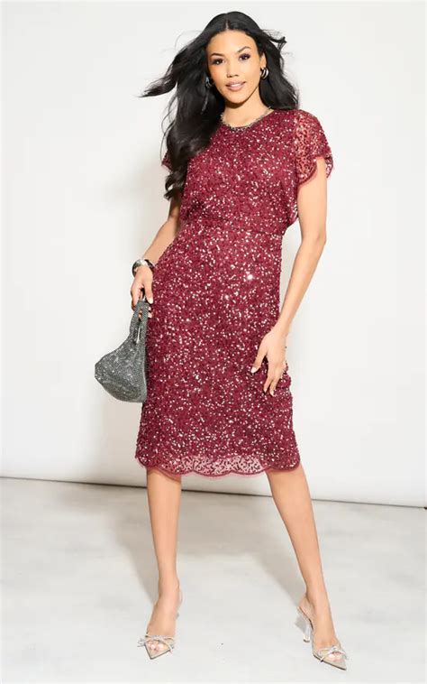 Flutter Sleeves Sequin Embellished Midi Dress In Burgundy Angeleye