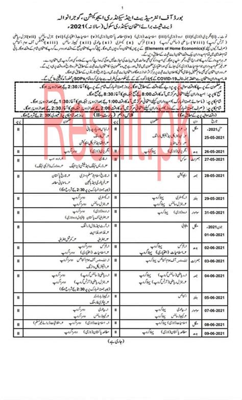 Bise Lahore Board Date Sheet Matric Part Th Th Ssc