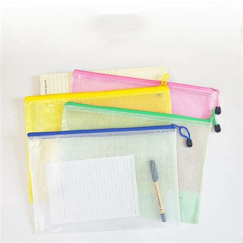 Mesh Zipper Pouch Document Bag Plastic Zip File Folders In Colors