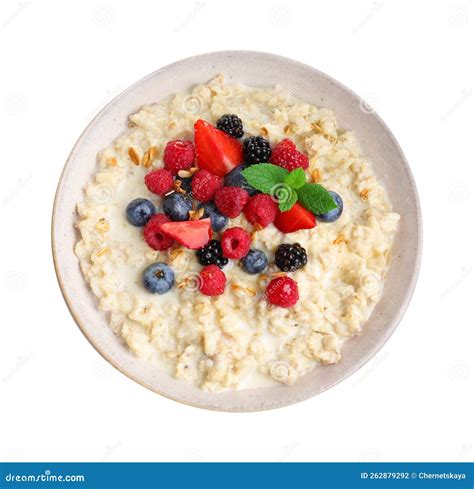 Bowl Of Oatmeal Porridge With Berries Isolated On White Top View Stock