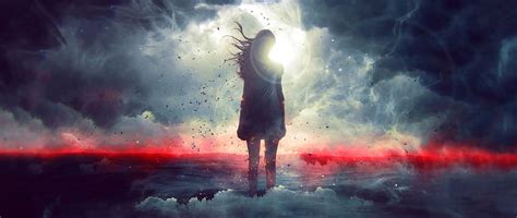 Woman Outdoor Surreal Fantasy Silhouette Clouds Art Dual Wide