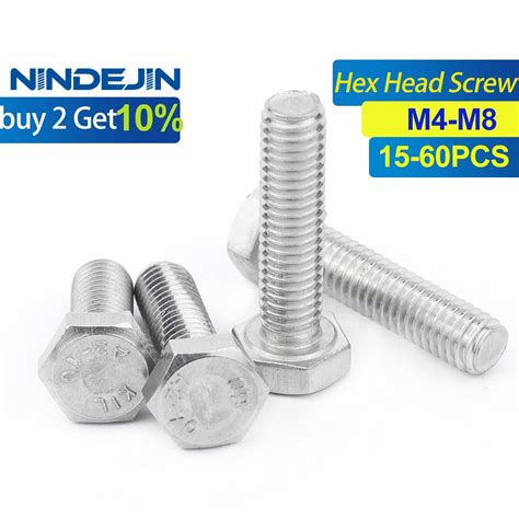 NINDEJIN 15 60pcs External Hex Hexagon Head Screws With Full Thread 304