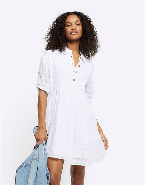 River Island Textured Tiered Smock Mini Dress In Cream Asos