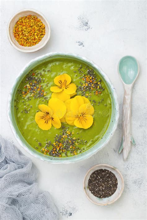 Breakfast Detox Green Smoothie Bowl Topped With Superfoods Chia Seeds