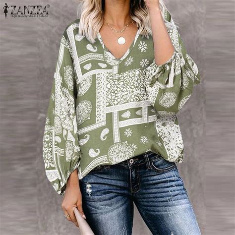 Buy ZANZEA Women V Neck 3 4 Sleeve Blouse Tops Spring Summer Vintage