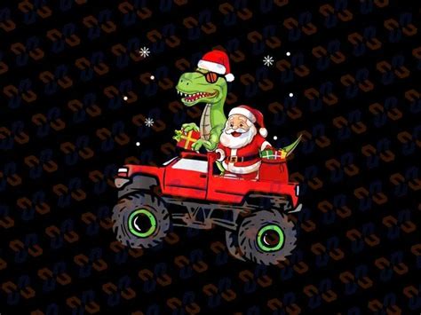 A Dinosaur Riding In The Back Of A Red Truck With Santa Clause On It S Head