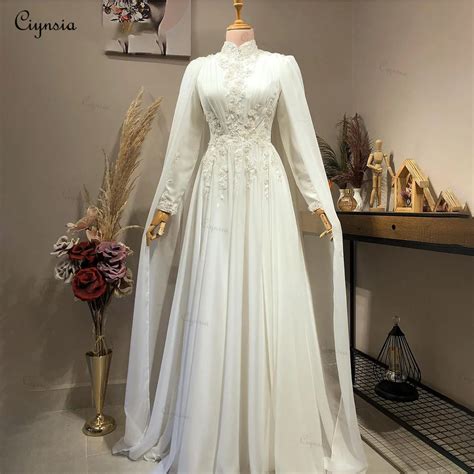 Ciynsia Elegant Long Sleeve Muslim Wedding Dress For Bride High Neck