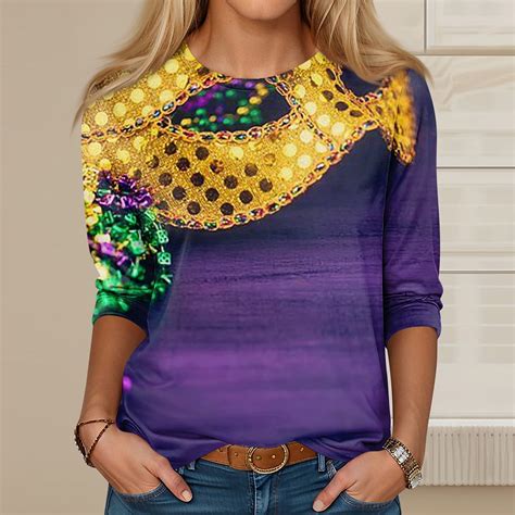 Kddylitq 2024 Mardi Gras Shirts For Women Crew Neck Elbow 34 Sleeve