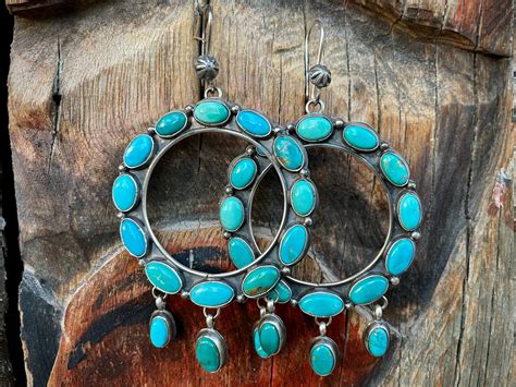 Big Turquoise Cluster Hoop Earrings By Navajo Annie Hoskie Native