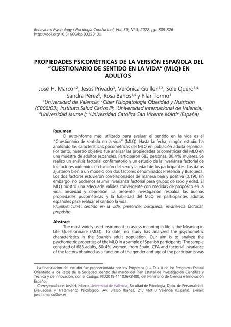 Propiedades Psicométricas De La Versión Española Del “cuestionario De