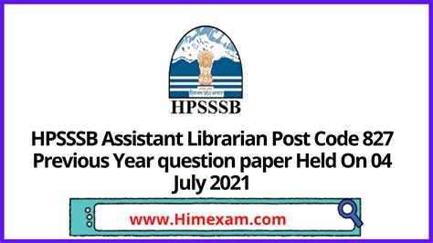 HPSSSB Assistant Librarian Post Code 827 Previous Year Question Paper