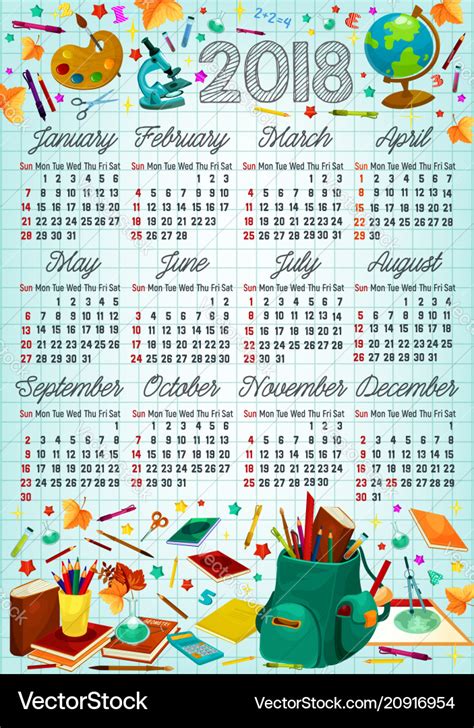 Back to school 2018 year calendar template design Vector Image