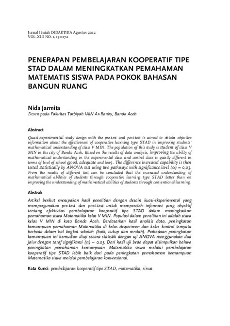 Pdf Penerapan Pembelajaran Kooperatif Tipe Stad Dalam Meningkatkan