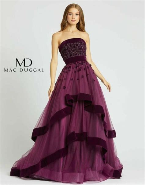 Mac Duggal 66346h Floral Velvet Trim Strapless Ball Gown Burgundy Dress