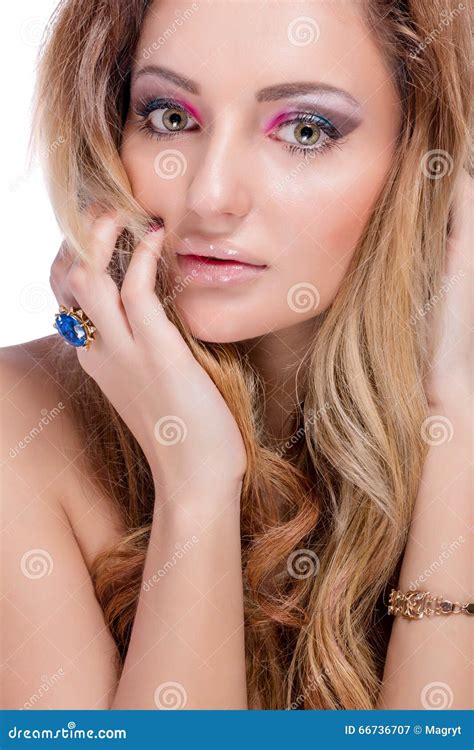 Beautiful Naked Blonde Girl With Bright Makeup And Long Curled Hair On White Background Fashion