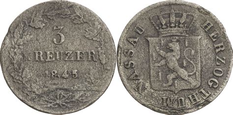 Nassau Herzogtum 3 Kreuzer 1845 Adolph 1839 1866 Kursmünze 1841