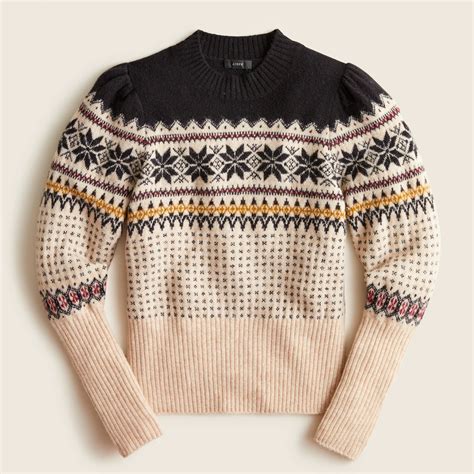 J Crew Fair Isle Puff Sleeve Crewneck Sweater In Supersoft Yarn For Women