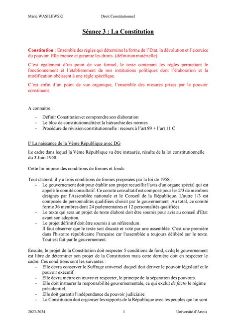 MWA Constit Droit Séance 3 La Constitution Constitution