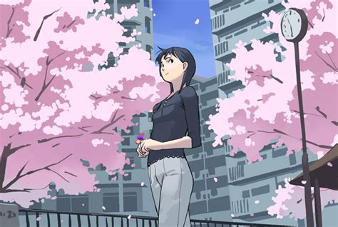 Safebooru 1girl Black Hair Building Cherry Blossoms City Clock Fence