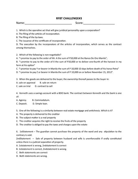 Rfbt Challenge 3 This Is A Lecture Notes In Law Rfbt Challenge