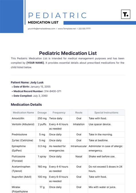 Free Pediatric Medication List Template Edit Online And Download