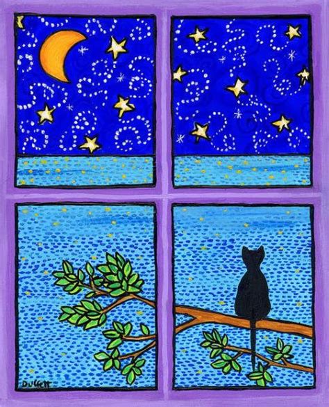 Cat At Night Painting Shelagh Duffett Moon Window Cat