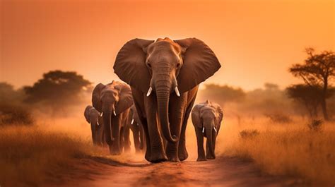 Premium Ai Image Large Herd Of African Elephants Walking At Dusk