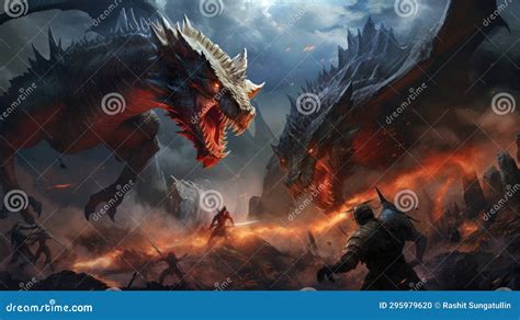 Battlefield Giant Monsters And Warriors Stock Illustration